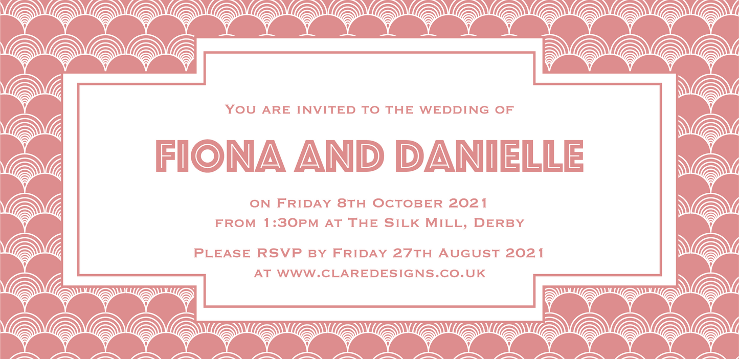 Bookmark-style wedding invitation. Gatsby-style patterned background, with all the wedding details written in a blush text inside a white geometric box.