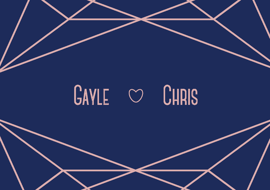 A7 RSVP with full navy blue background and blush text and details. There his a blush geometric design at the top and bottom, with the couple's names separated by a love heart.