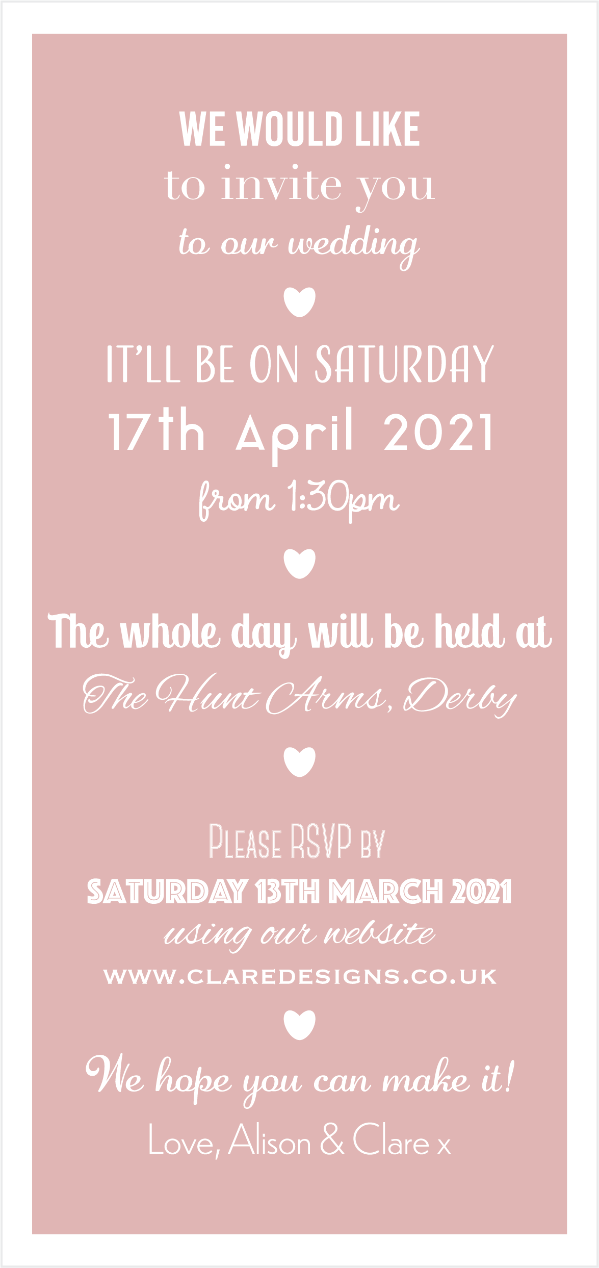 Blush Border Bookmark Invitation / Wedding Invitation / Wedding Stationery
