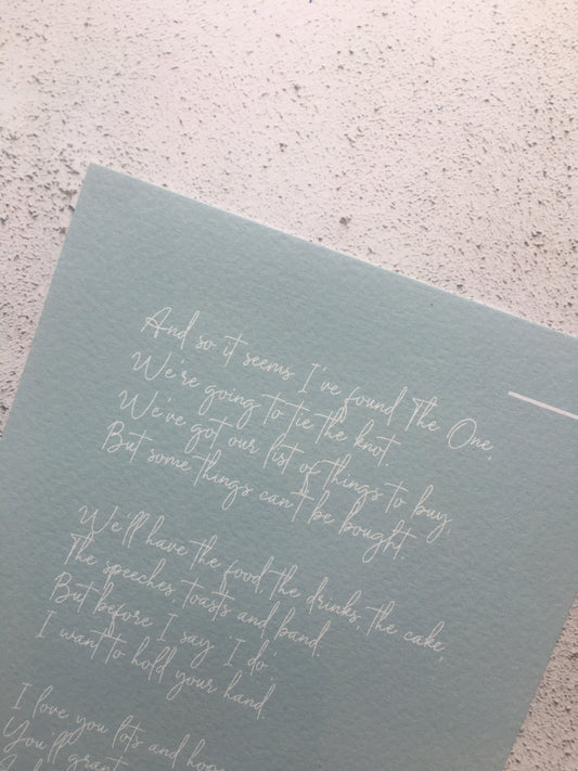 'Will you walk me down the aisle?' Seconds Poem Print in Blue
