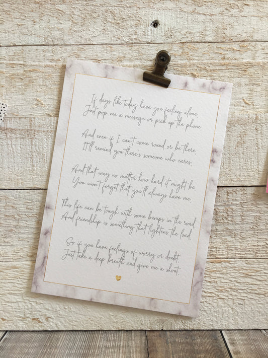 'Positivity Poem' printed onto 300gsm textured matte card. The poem is framed by a marble design, and is sized to 5x7". Envelope included, and the back is blank for a personal message to be written, if desired. The poem promotes friendship and mental wellbeing during the Covid-19 lockdown/self-isolation period.