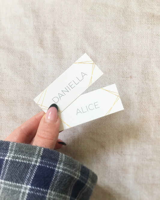 White & Gold Geometric Wedding Place Name Cards