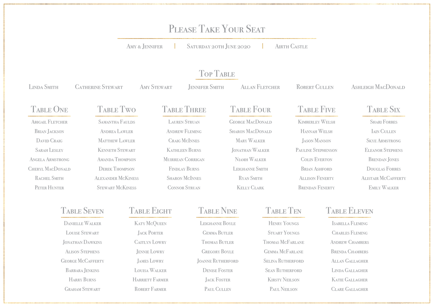 Classic Gold Foil Effect Frame Wedding Table Plan