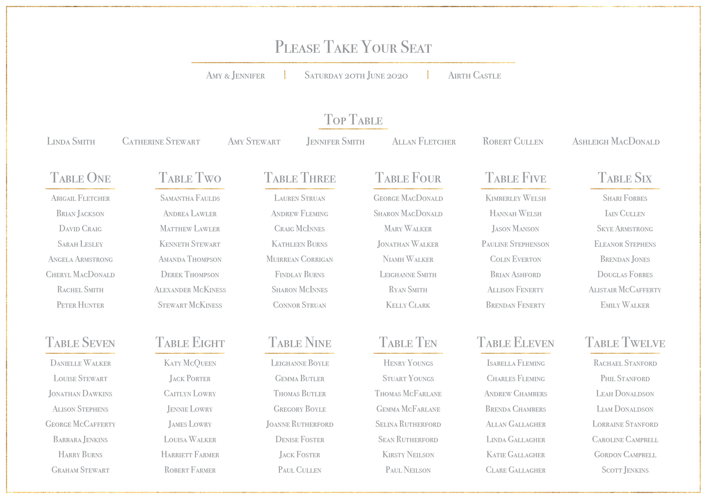 Classic Gold Foil Effect Frame Wedding Table Plan