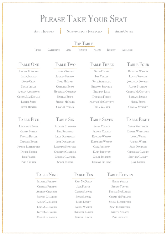 Classic Gold Foil Effect Frame Wedding Table Plan