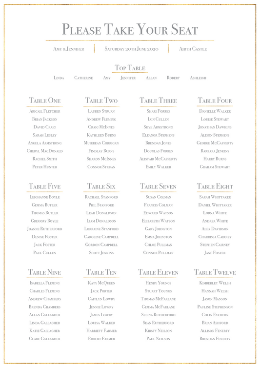 Classic Gold Foil Effect Frame Wedding Table Plan