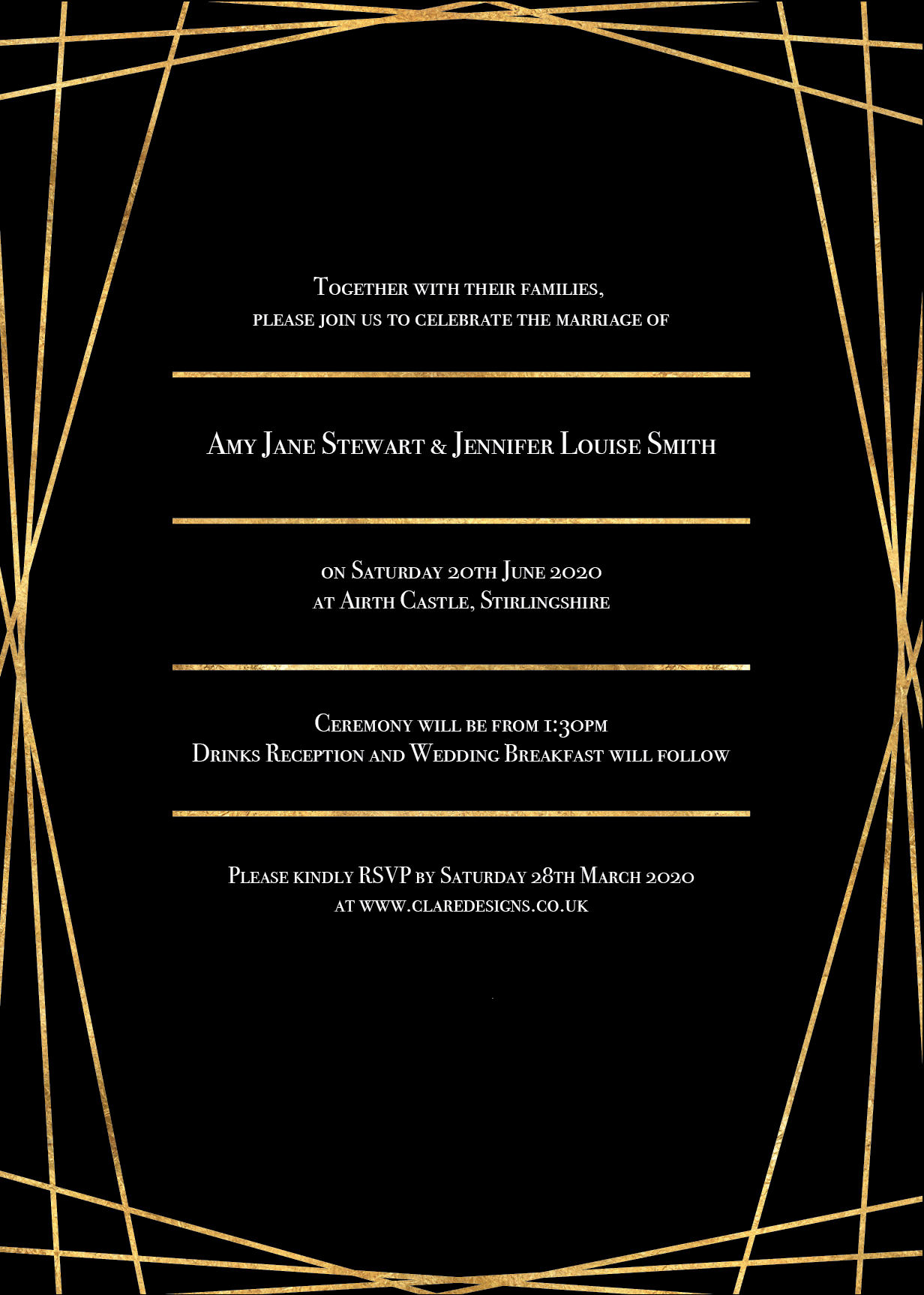Vintage-Style Thin Frame Wedding Invitation with Gold Foil Effect in Black