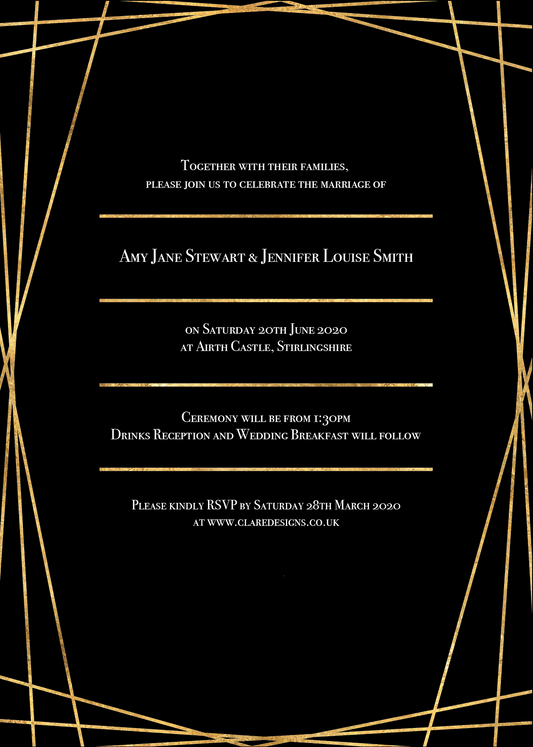 Vintage-Style Thin Frame Wedding Invitation with Gold Foil Effect in Black