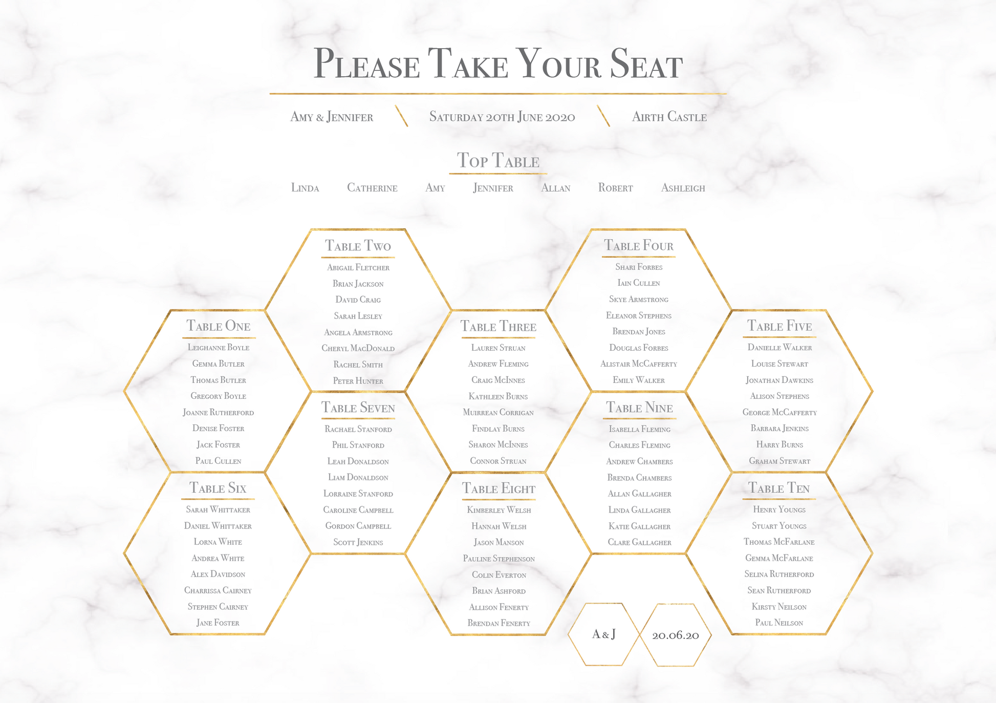 Geometric Marble Honeycomb Wedding Table Plan