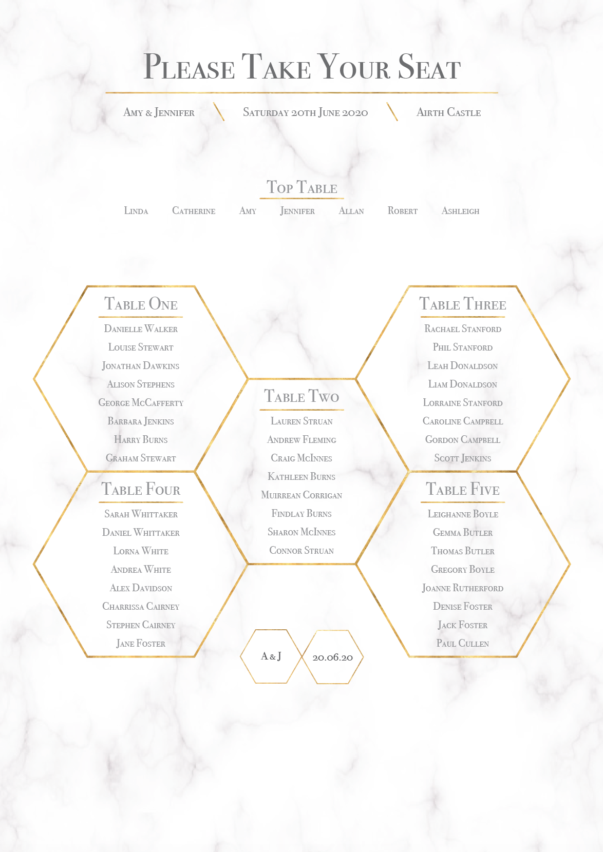 Geometric Marble Honeycomb Wedding Table Plan