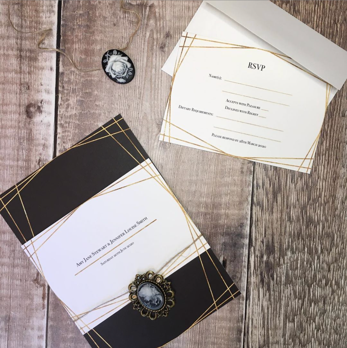 Vintage-Style Thin Frame Wedding Invitation with Gold Foil Effect in Black