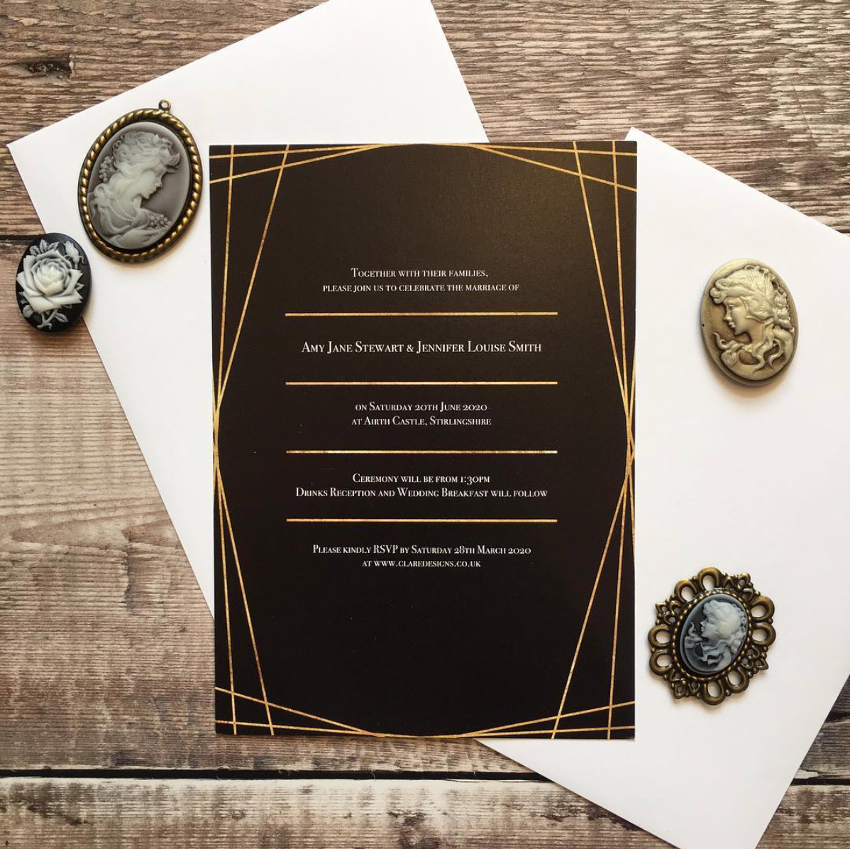 Vintage-Style Thin Frame Wedding Invitation with Gold Foil Effect in Black