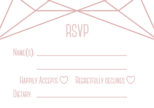 Double-sided A7 RSVP. This side has a white background and blush detail/text. There is space for the guests to write their names, and tick whether they can or cannot attend the wedding. There is also a space for them to indicate their dietary requirements.