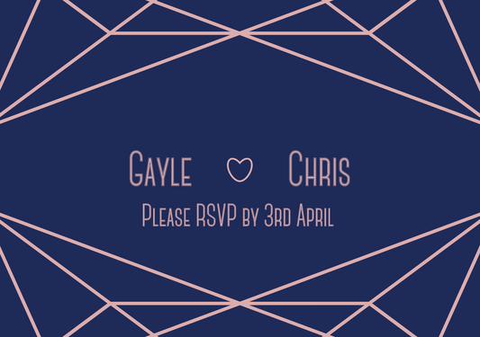 Double-sided A7 RSVP. This side has a full navy blue background, with blush geometric shapes on the top and bottom. The text is blush, and includes the couple's name and the date that the RSVP is to be returned by.