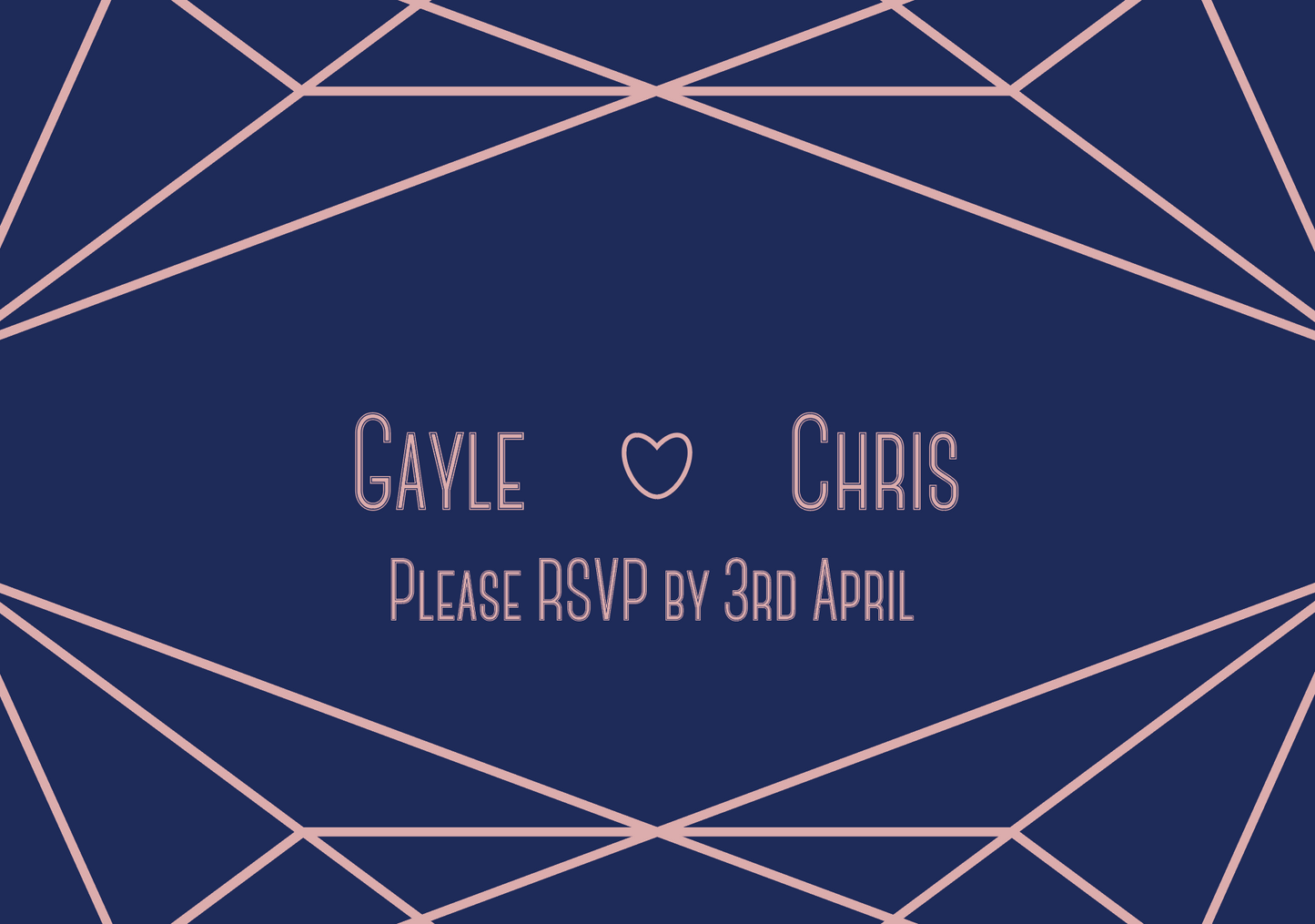 Double-sided A7 RSVP. This side has a full navy blue background, with blush geometric shapes on the top and bottom. The text is blush, and includes the couple's name and the date that the RSVP is to be returned by.