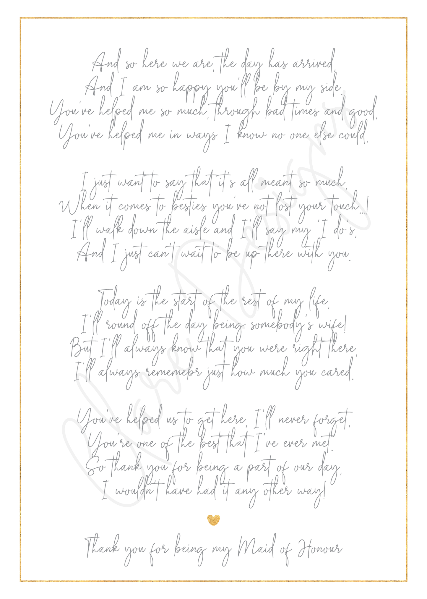 'Thank you for being my Bridesmaid/Maid of Honour' Poem Print