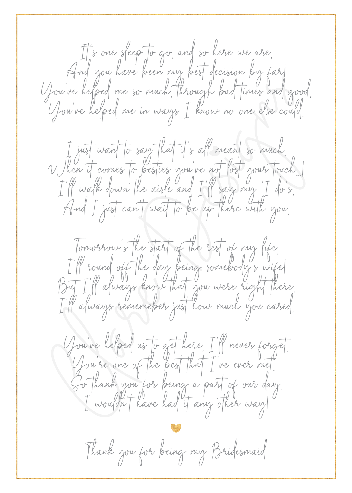 'Thank you for being my Bridesmaid/Maid of Honour' Poem Print