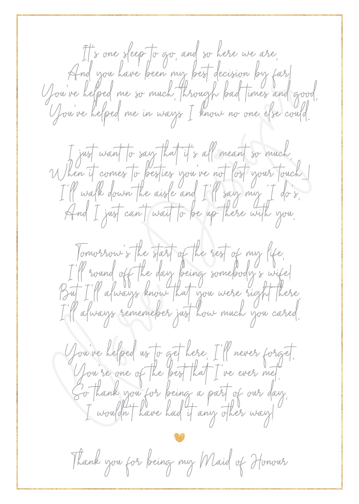 'Thank you for being my Bridesmaid/Maid of Honour' Poem Print