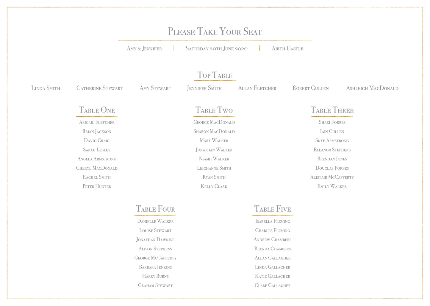 Classic Gold Foil Effect Frame Wedding Table Plan