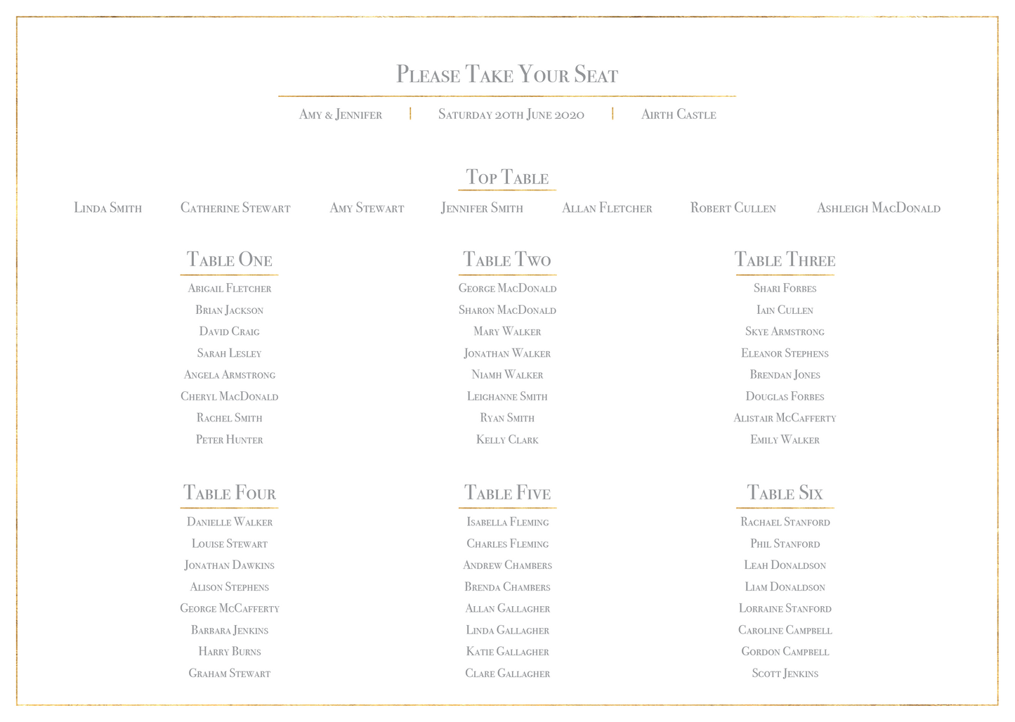 Classic Gold Foil Effect Frame Wedding Table Plan