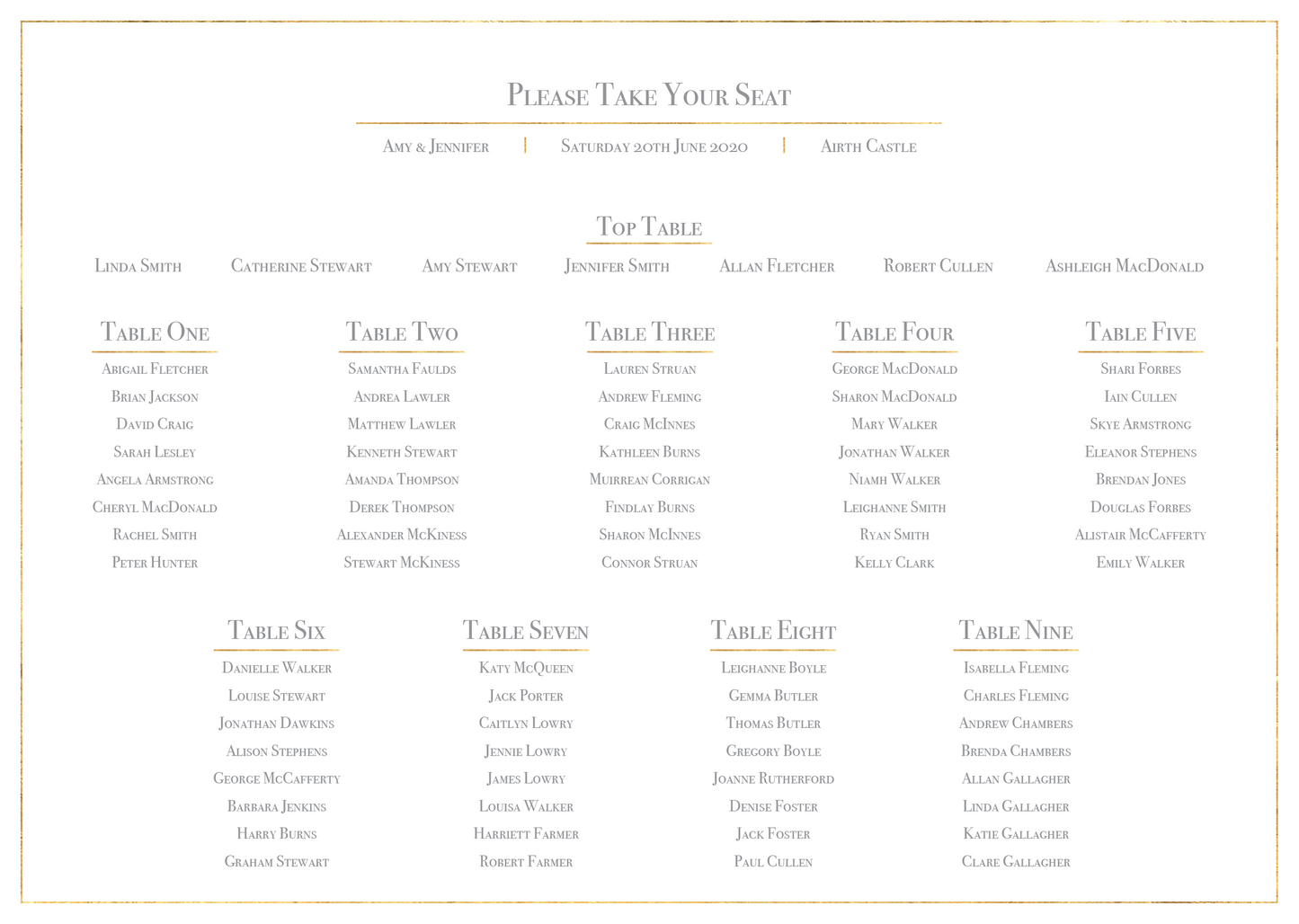 Classic Gold Foil Effect Frame Wedding Table Plan