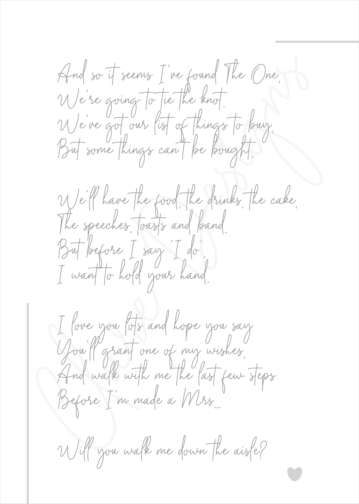 'Will you walk me down the aisle?' Poem - Download & Print