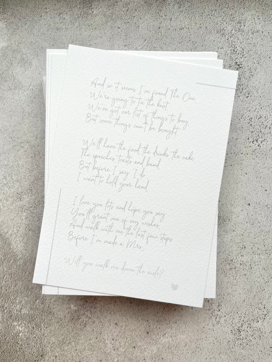 'Will you walk me down the aisle?' Seconds Poem Print in Ivory - LIGHTER TEXT