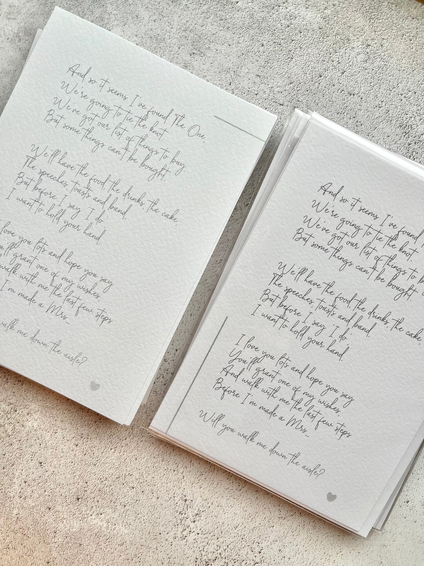 'Will you walk me down the aisle?' Seconds Poem Print in Ivory - LIGHTER TEXT