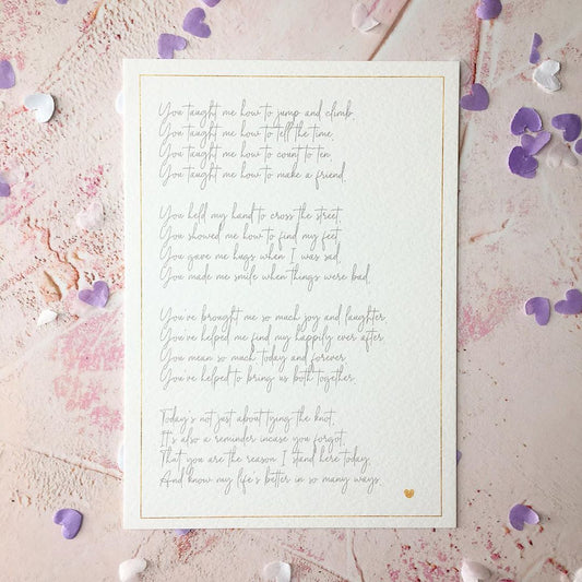 'You Taught Me How' Wedding Day Gift for Parent or Grandparent, Printed Poem for Mum or Dad on Wedding Morning
