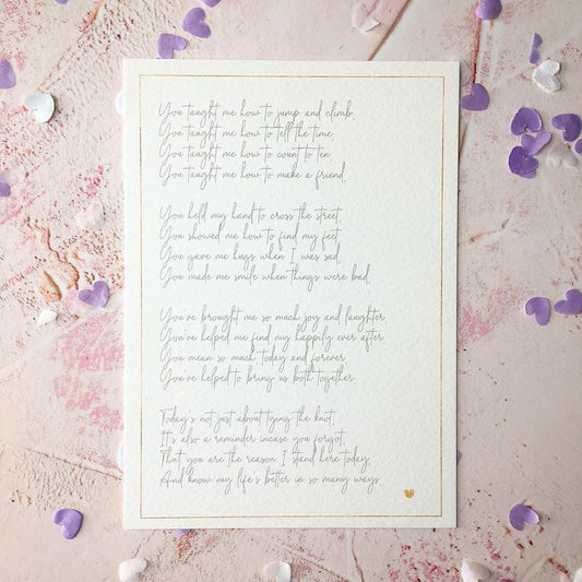 'You Taught Me How' Wedding Day Gift for Parent or Grandparent, Poem for Mum or Dad - Download & Print