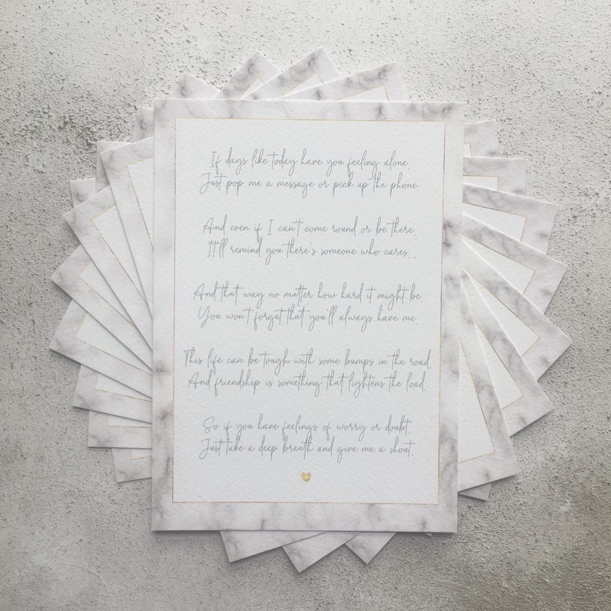 'Positivity Poem' printed onto 300gsm textured matte card. The poem is framed by a marble design, and is sized to 5x7". Envelope included, and the back is blank for a personal message to be written, if desired. The poem promotes friendship and mental wellbeing during the Covid-19 lockdown/self-isolation period.