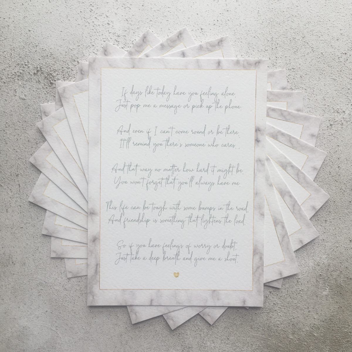 'Positivity Poem' printed onto 300gsm textured matte card. The poem is framed by a marble design, and is sized to 5x7". Envelope included, and the back is blank for a personal message to be written, if desired. The poem promotes friendship and mental wellbeing during the Covid-19 lockdown/self-isolation period.