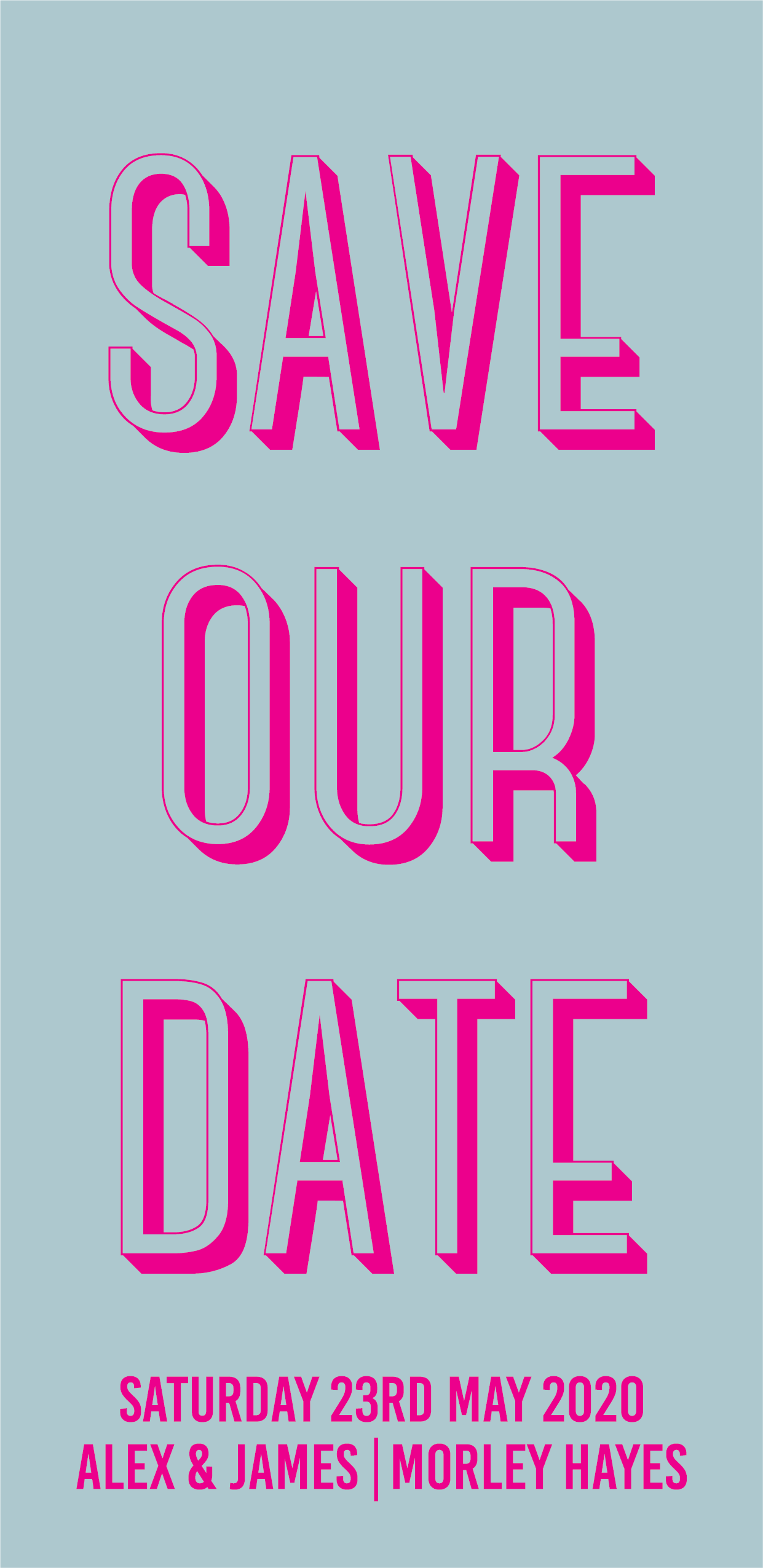 Bookmark-style wedding invitation/save the date. Front view. Front (left) has a teal blue background, with fluorescent pink text.