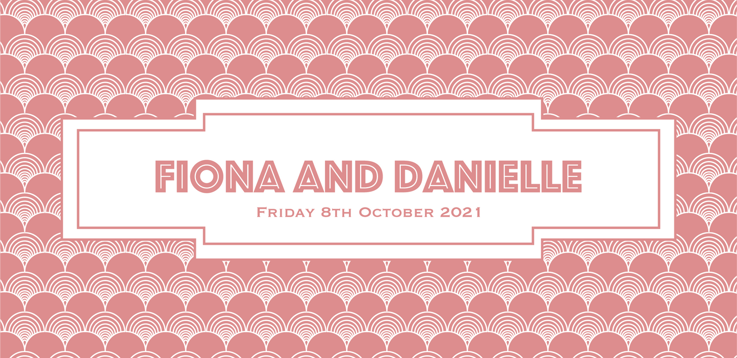 Bookmark-style wedding invitation. Back view - Gatsby-style patterned background, with the couple's name and wedding date written in a blush text inside a white geometric box.