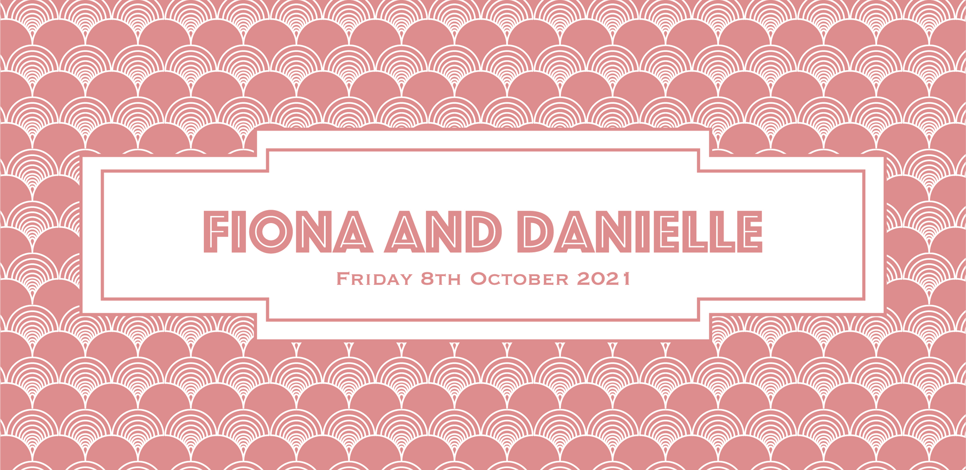 Bookmark-style wedding invitation. Back view - Gatsby-style patterned background, with the couple's name and wedding date written in a blush text inside a white geometric box.