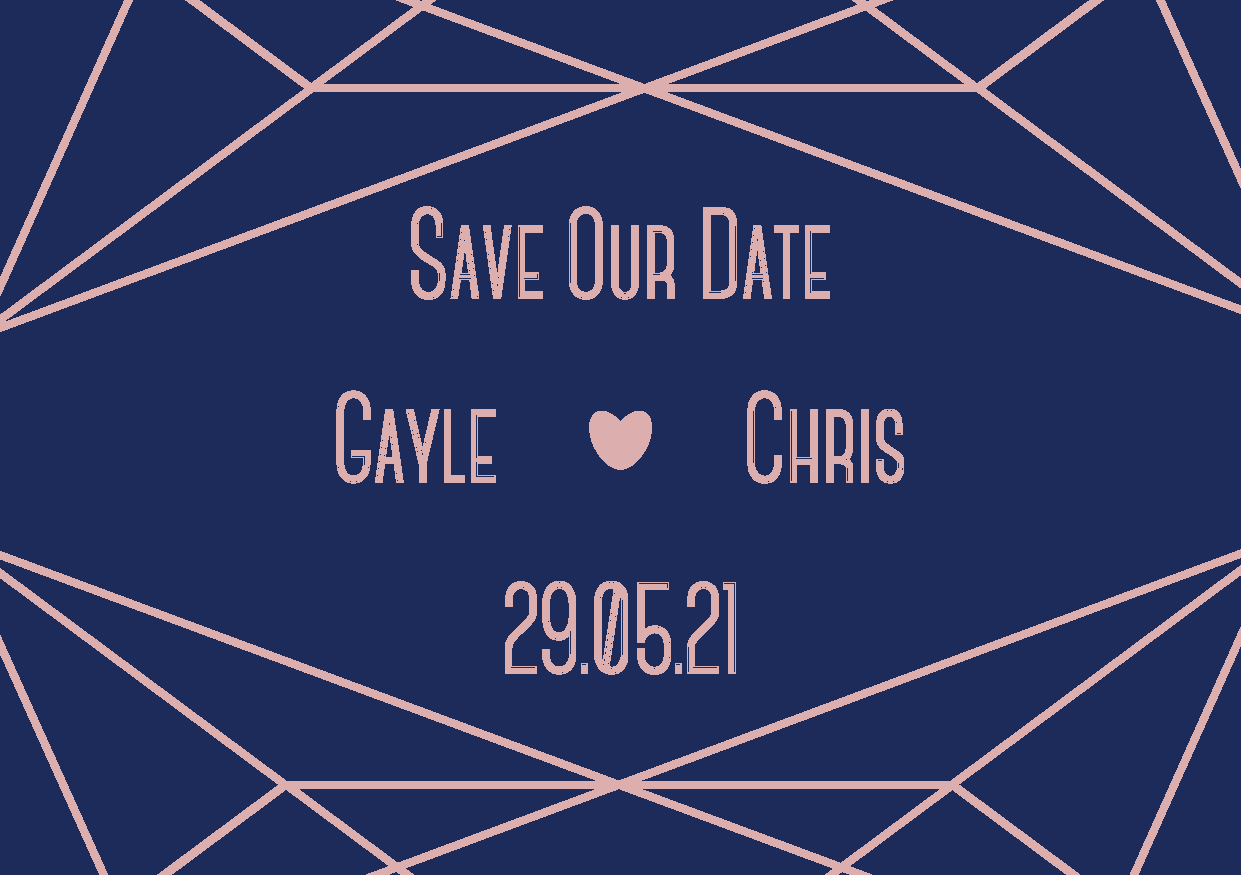 A7 Save The Date, with navy blue background and blush details and text. There is a geometric design at the top and bottom, with the name of the couple and their wedding date centred on the design.