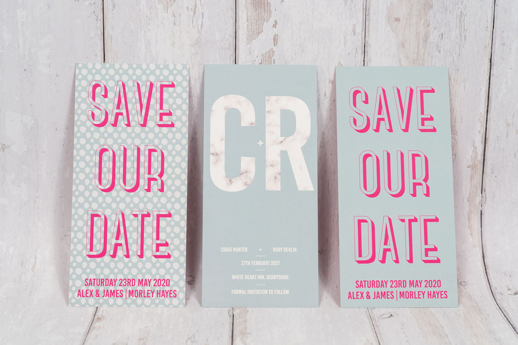 Copyright EKR Studio. 3 different bookmark-style wedding invitations/save the dates. All are 99mm x 210mm. Front view.