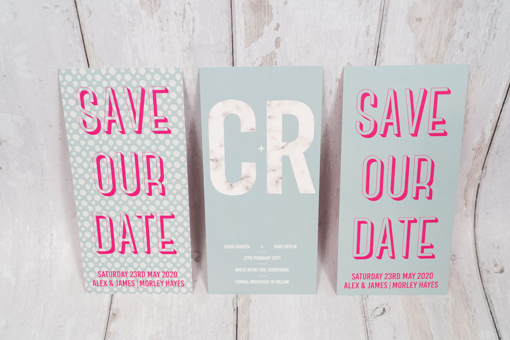 Copyright EKR Studio. 3 different bookmark-style wedding invitations/save the dates. All are 99mm x 210mm. Front view.