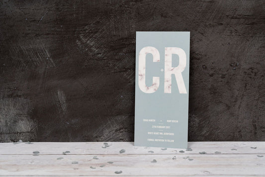 Dusky Blue Bookmark Save Our Date with Marble Initials