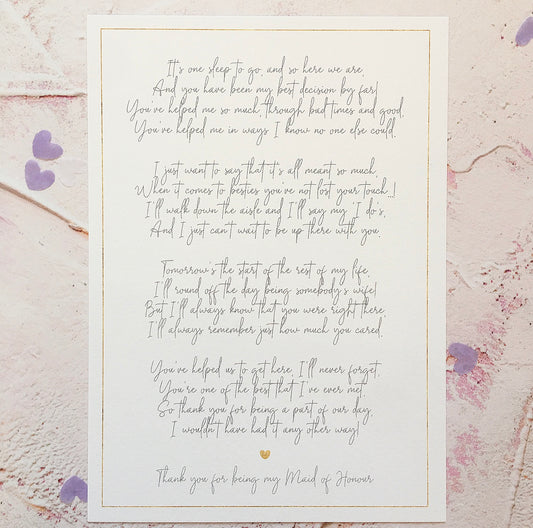 'Thank you for being my Maid of Honour' Seconds Poem Print