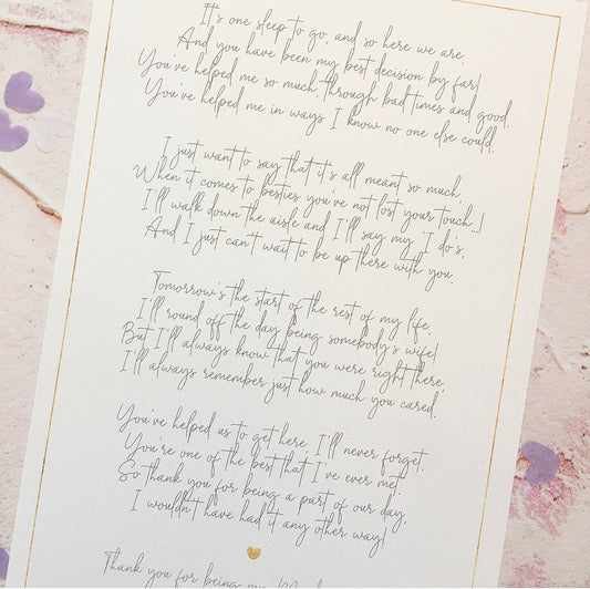 'Thank you for being my Bridesmaid' Seconds Poem Print