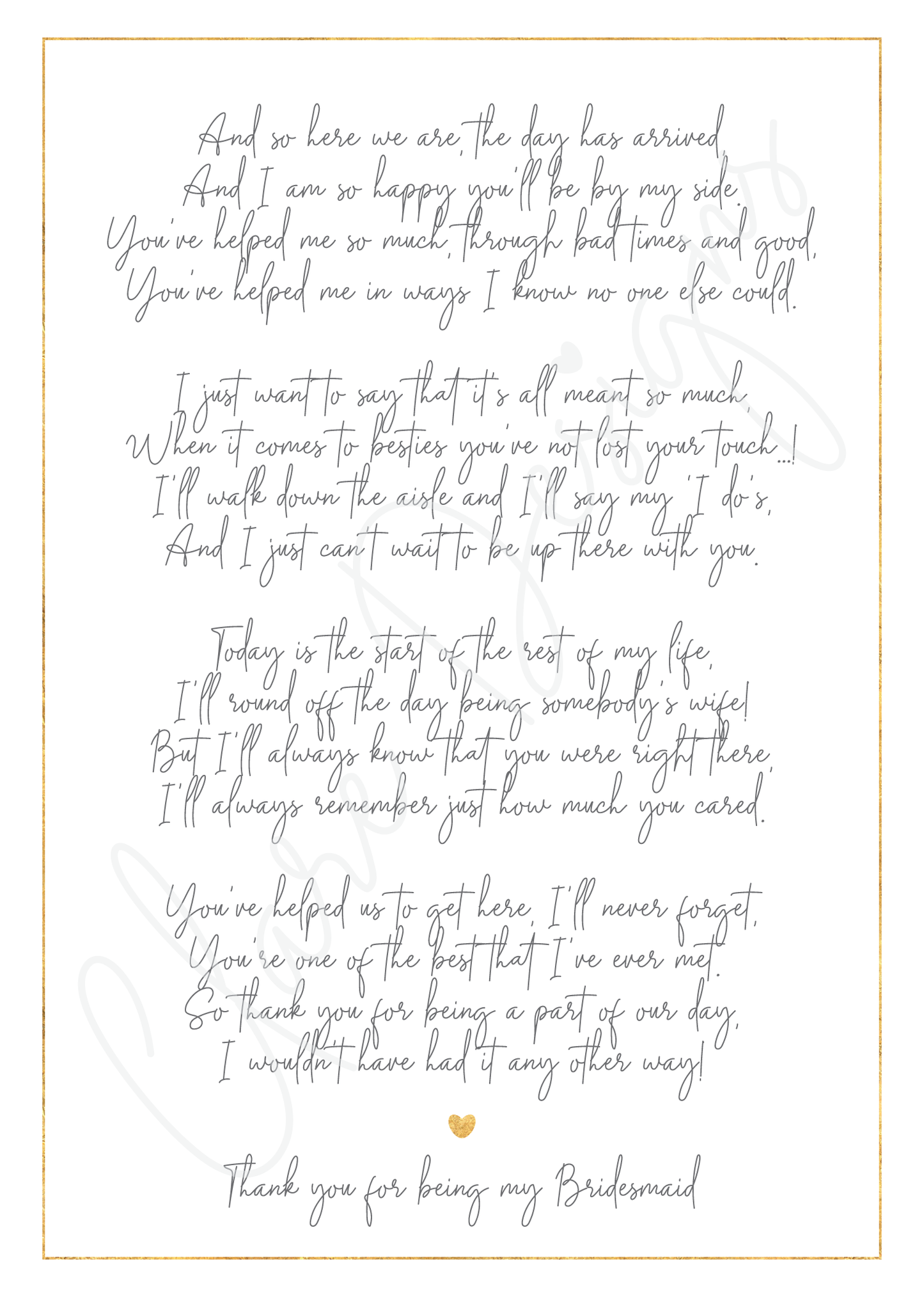 'Thank you for being my Bridesmaid/Maid of Honour' Poem - Download & Print