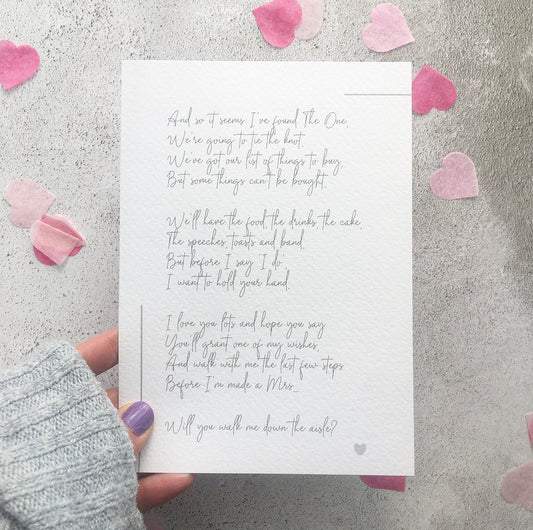 'Will you walk me down the aisle?' Poem Print in Ivory