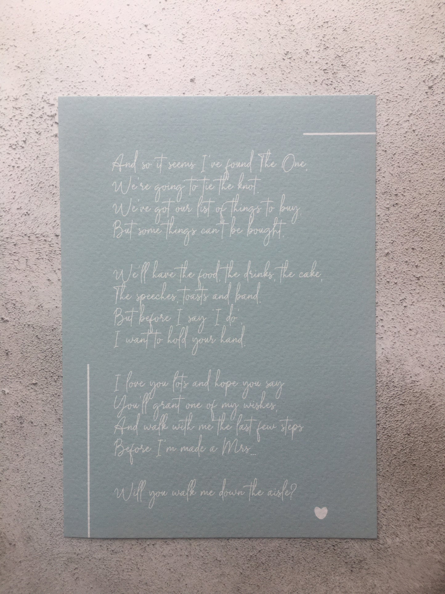 'Will you walk me down the aisle?' Seconds Poem Print in Blue