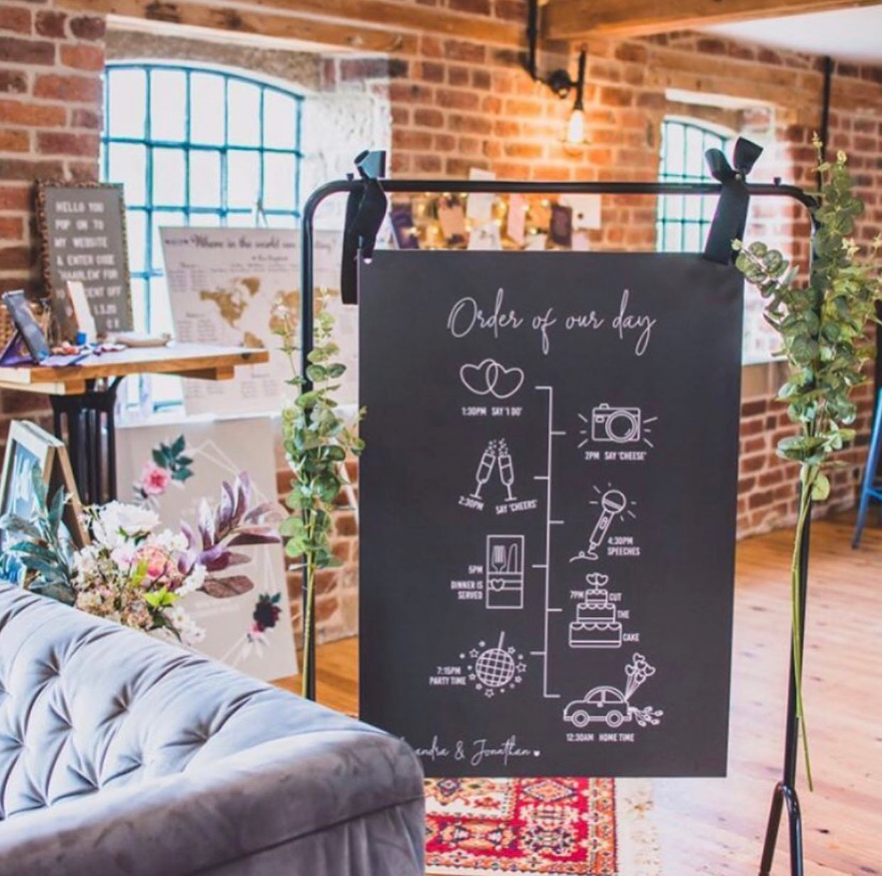 A1 Order of the Day Board with illustrations / Wedding Day Timeline Board / Available in any colour and personalised with your names on the bottom left corner  Edit alt text