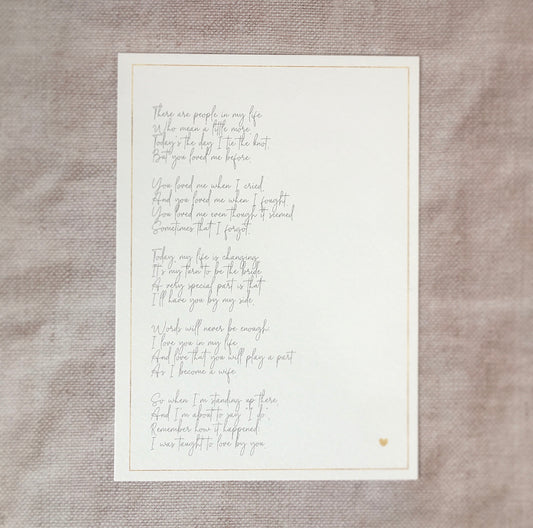 'Taught to Love' - Printed Poem to Gift to your Parent/Stepparent on your Wedding Day