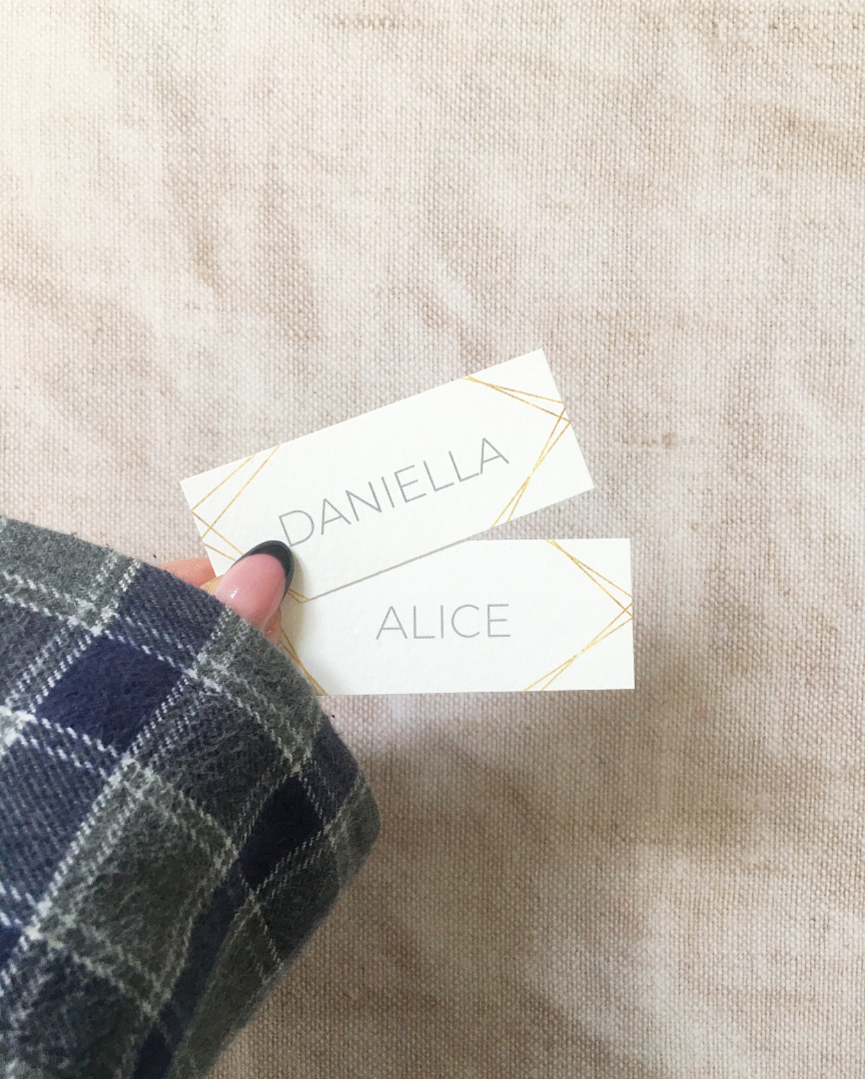 White & Gold Geometric Wedding Place Name Cards