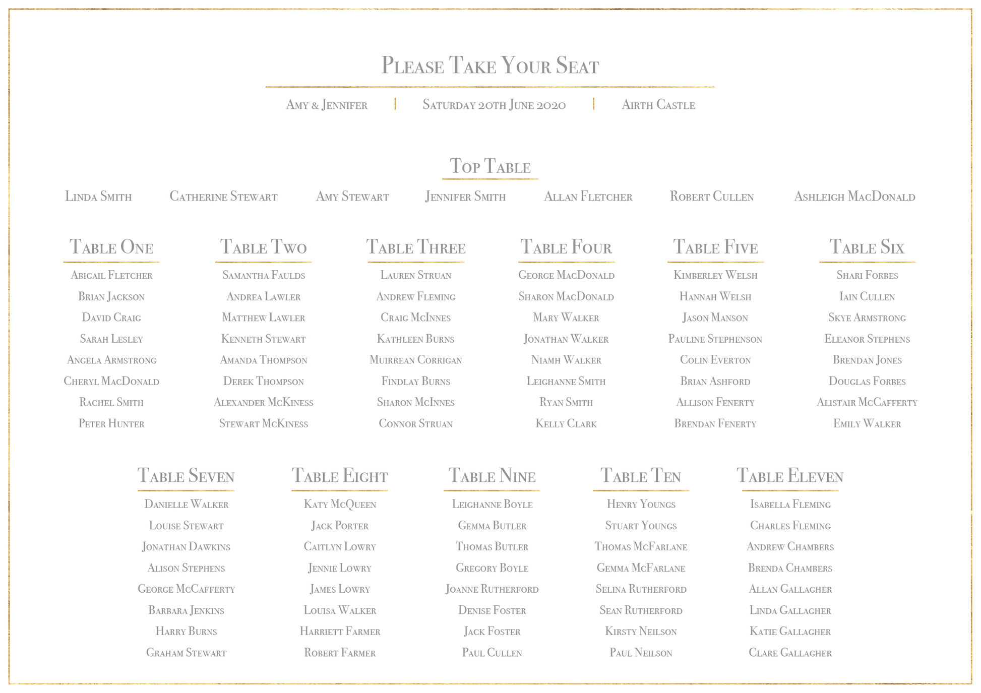 Classic Gold Foil Effect Frame Wedding Table Plan