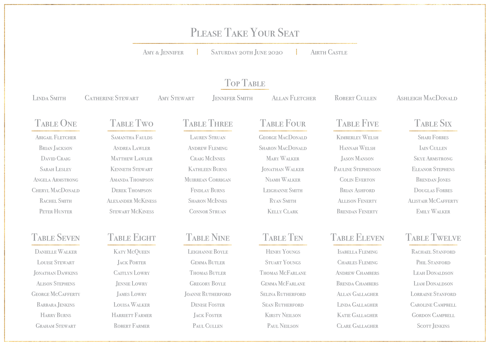 Classic Gold Foil Effect Frame Wedding Table Plan