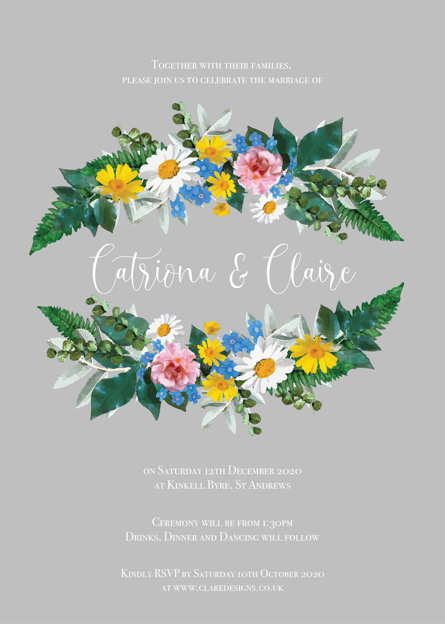 Vintage Grey Floral Wreath Wedding Invitation / Wedding Stationery